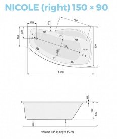 Ванна акриловая угловая PoolSpa коллекция Nicole 150х90 R правая с рамой белый