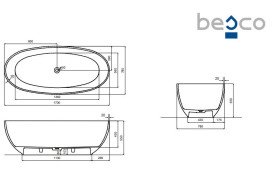 Ванна Besco Mexa 170х78 см із сифоном клік-клак чорний мат ResiCast Carbon Grey #WAM-170-CGB