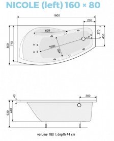 Ванна гидромассажная акриловая PoolSpa Nicole 160х80 L левая система Smart 1 белый PHAOE10ST1C0000