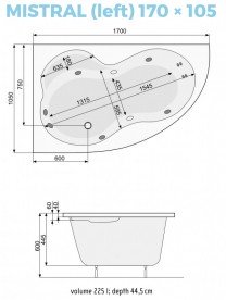Ванна гідромасажна акрилова PoolSpa Mistral 170х105 L ліва система Smart 1 білий PHA3X10ST1C0000