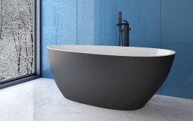 Ванна зі штучного каменю Besco Goya 142х62 см з сифоном хром Mineral DuraBe чорний/глянцевий білий #WMD-140-GWC