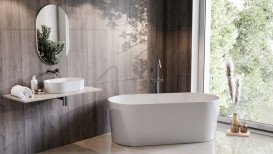 Ванна из искусственного камня Besco Lova 160х74 см с сифоном оружейный металл Mineral DuraBe матовый белый/глянцевый белый #WMM-160LKGR