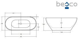 Ванна из искусственного камня Besco Moya 170х70 см с сифоном клик-клак черный матовый Mineral DuraBe белый матовый #WMMB-170MKB