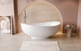 Ванна зі штучного каменю Besco Siya 160х92 см із сифоном хром Mineral DuraBe глянсовий білий #WMD-160-SKC