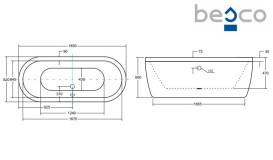 Ванна зі штучного каменю Besco Victoria 185х83 см із сифоном клік-клак хром санітарний композит білий глянсовий #WKV-185-WO