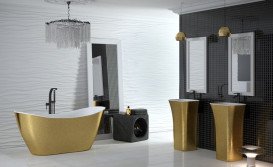 Ванна зі штучного каменю Besco Viya Glam 160х70 см із сифоном клік-клак хром Mineral DuraBe золото/білий глянсовий #WMD-160-VZ