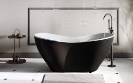 Ванна из искусственного камня Besco Viya 160х70 см с белым сифоном Mineral DuraBe глянцевый черный/глянцевый белый #WMD-160-VWW