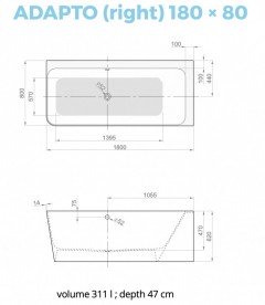 Ванна из искусственного камня PoolSpa Adapto 180x80 см асимметричная R правая с ножками и сифоном белый глянцевый PWKCR10ZPSC0000