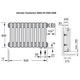 Радиатор центрального отопления Zehnder Charleston 1196 x 600 белый 3060-26-9016-V002-SMB