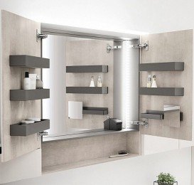 Зеркальный шкафчик подвесной Geberit Acanto 90х83 см с подсветкой две дверцы ДСП дуб мистик/меламин структура дерева 500.646.00.2